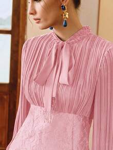 Anewsta Navy Blue Mid-Length Dress With Tie Collar, Beaded Elegant Jacquard Chiffon Patchwork Long Sleeve Dress For Party - Pink - View 2