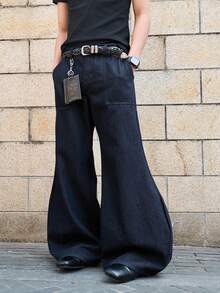 Manfinity EMRG Men's Casual Fashion Street  Solid Color Slant Pocket Flared Jeans, Belt Not Included - Dark Wash - View 4