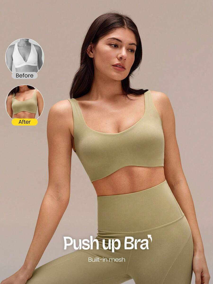 GLOWMODE Áo ngực thể thao FeatherFit™-Sculpt Push-Up Power Play với dây đeo lưới co giãn, mút ngực có thể tháo rời, kiểu dáng V-back Demi, thích hợp cho chạy bộ, tập luyện thể dục, hoạt động thể thao mùa thu đông. - Màu xanh Ô liu - Xem 1