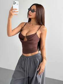 Hanevo Women's Fashionable Solid Color Adjustable Spaghetti Strap Vest, Hollow Pleated Cropped Sexy Camisole Cleavage Top Sexy Women Tops Brown Top Spaghetti Strap Top Cropped Top Women's Top Braless Tops Sexy Tops For Women Brown Tops Women's Tops For Summer - Coffee Brown - View 3