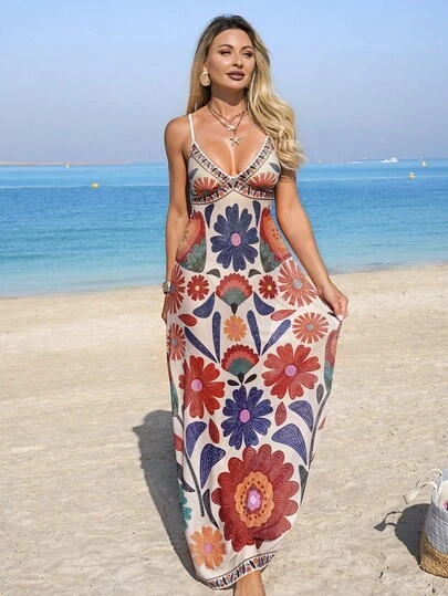 Swim Lushoire Women's Summer Beach Floral Random Print Spaghetti Strap Maxi Dress