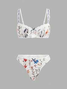 lacRébo French Vintage Style Floral Print Lingerie Set With Underwired Bra And Matching Thong Cute Romantic Lace Trim Detail French Style Parisian Style Summer Lingerie Floral Lingerie Lingerie Set Multicolor Floral Bra Lingerie Sets - Apricot - View 7
