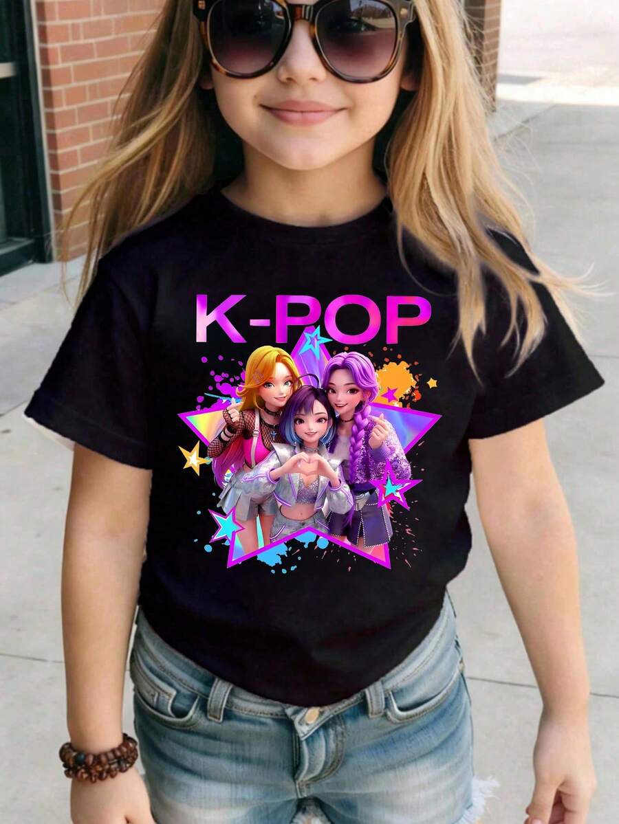 Kpop Girl Graphic Print Round Neck Short Sleeve Casual Versatile T-Shirt - Black - View 1