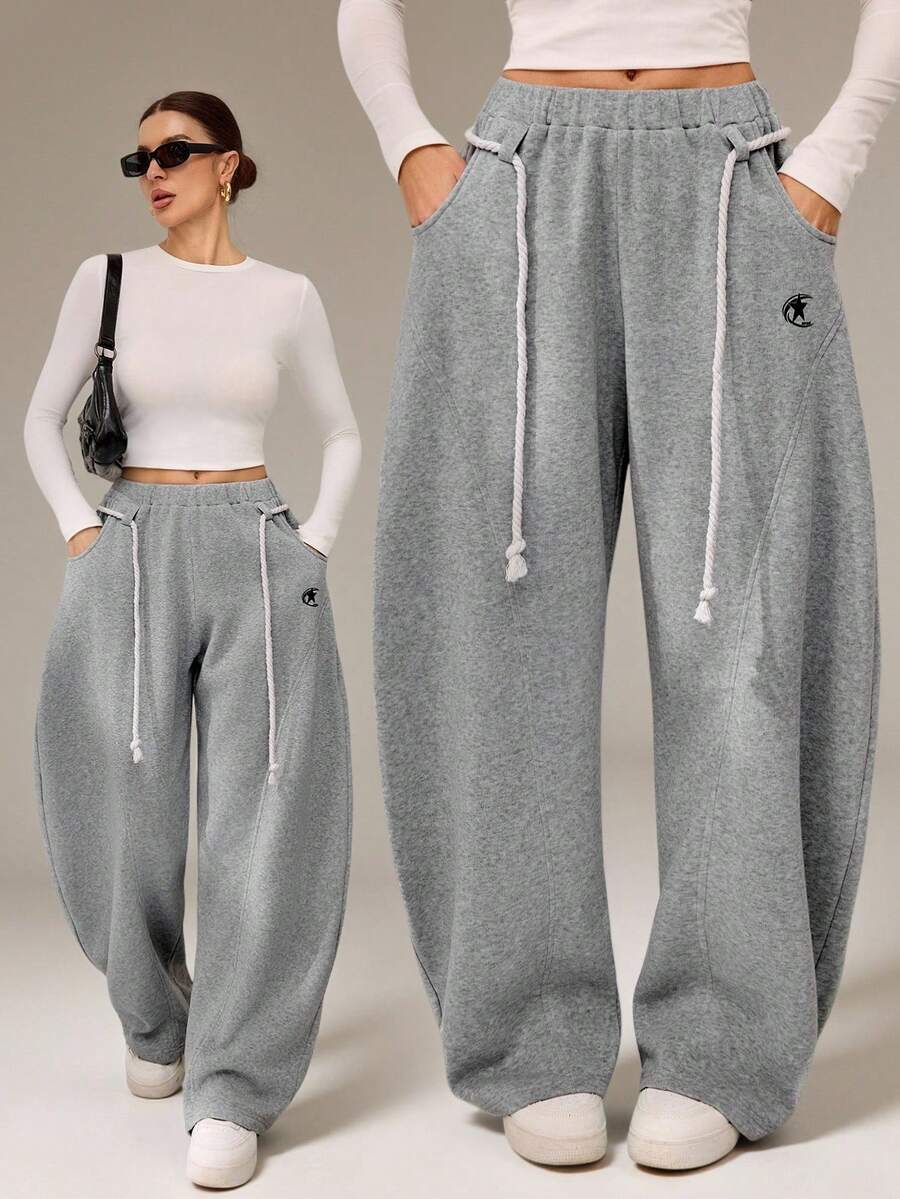SHEIN Tall 女士休闲保暖舒适法式灰色弹力腰带弧形裤脚长裤,适合春夏街头服饰和运动装 - 淺灰色 - 查看 1