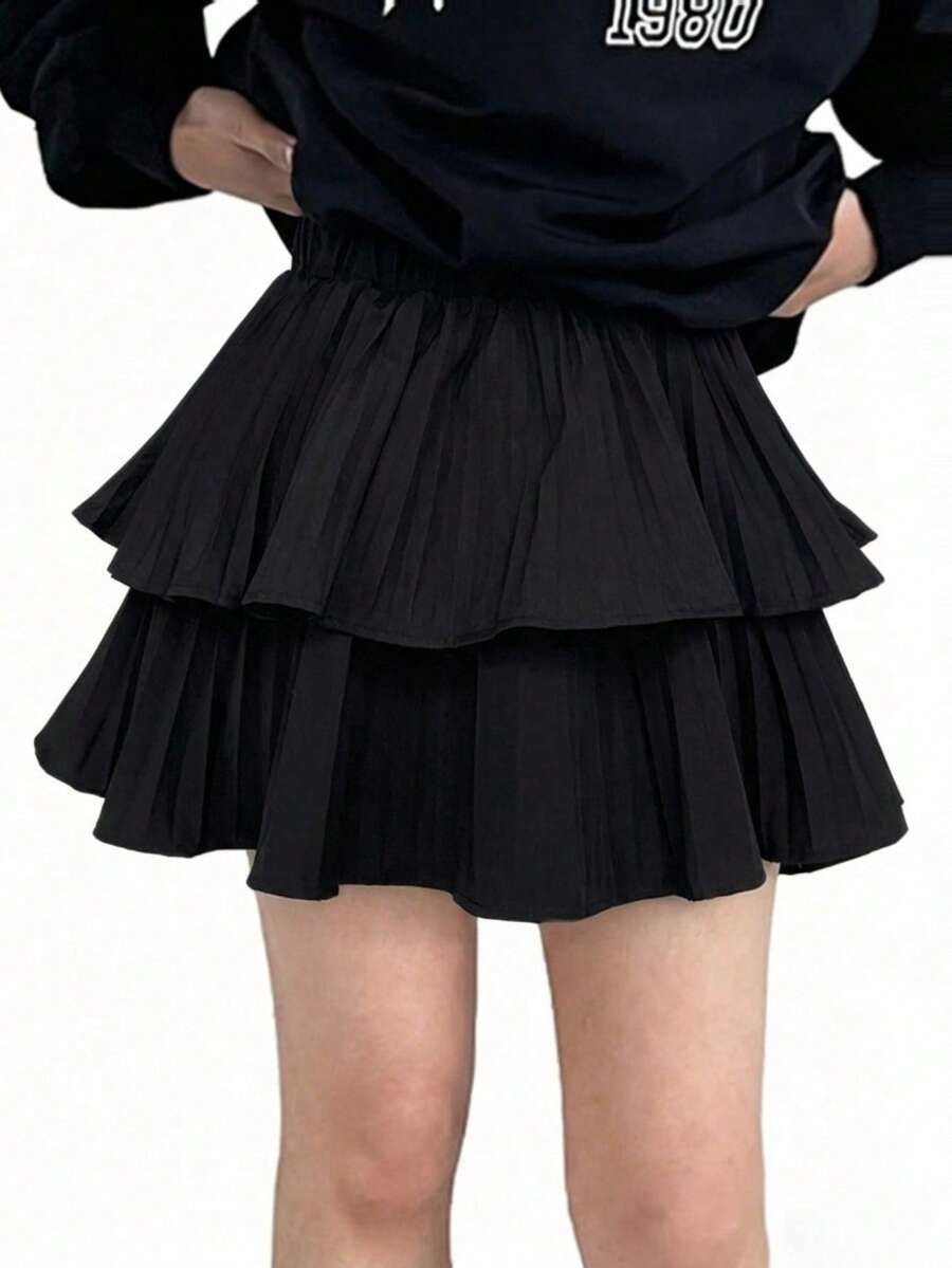 DAZY Falda mini plisada de cintura elástica, falda de línea A versátil para primavera y verano - Negro - Ver 1