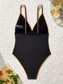 SHEIN Swim Vcay 1 pieza Traje de baño de una pieza con cuello alto fruncido, estampado floral y tirantes ajustables para mujer - Negro - Ver 9