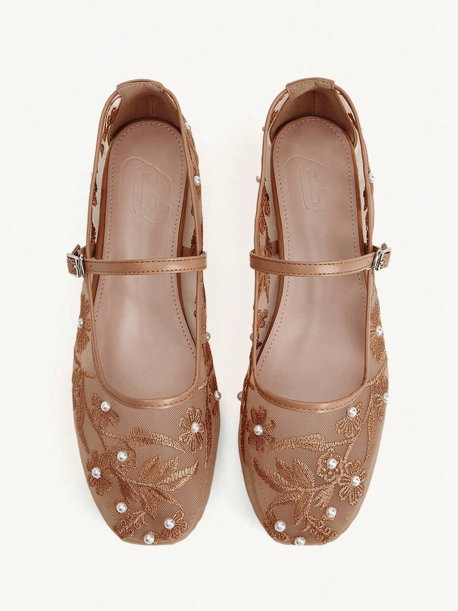 CUCCOO CHICEST 四季新款刺绣珍珠低帮方头平底鞋优雅时尚网面女式平底鞋软底芭蕾舞鞋优雅通勤玛丽珍鞋 - 棕色A - 查看 1