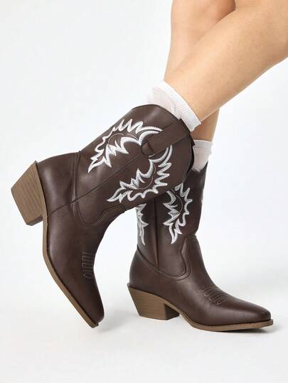 ROMWE Fairycore Women's White Western Boots, Pointed Toe Chunky Heel V-Cut Leather Boots, Low Heel Embroidered Knee-High Boots And Ankle Boots