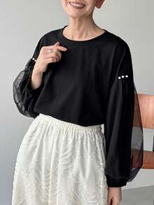 FRIFUL 女士圆领宽松网纱花瓣袖宽松夏季短袖T恤 - 黑色 - 查看 7