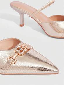 CUCCOO SZL Women's Pointed Toe Rhinestone Letter Decor Elegant Fashion High Heel Slippers - Golden snake pattern - View 6
