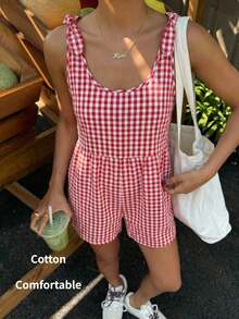 SHEIN EZwear 女士格子打结露肩休闲连体裤 - 咖啡棕 - 查看 2