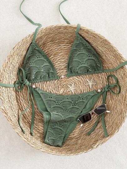 Swim Vcay Bộ 2 món bikini kiểu dáng gợi cảm, thanh lịch, chất liệu vải có họa tiết, cổ yếm, thích hợp cho bãi biển và tiệc bể bơi.