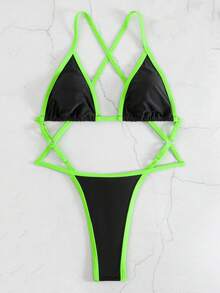 Swim SXY 夏季沙灘對比霓虹色交叉式單件泳衣，泳衣 - 彩色 - 查看 3