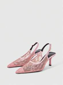 Sleekvia 女士新款尖头高跟鞋，蕾丝材质，后跟系带，简约优雅，适合通勤、聚会、购物、婚礼季等场合。 - 粉色 - 查看 2