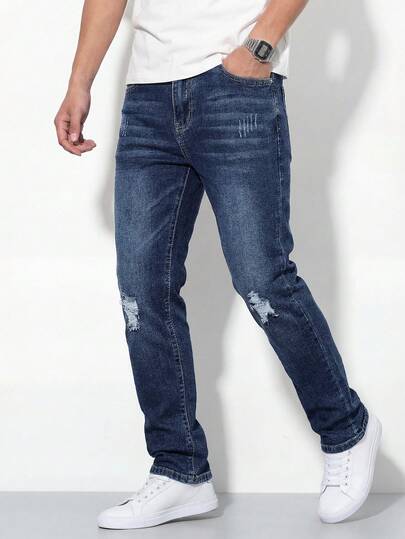 Tween Boys Vintage Washed Denim Jeans, Casual College Style, Distressed Cat Whisker, Slim Fit, Comfortable Cotton, Suitable For Daily Wear, School, Commute, Spring/Summer Distressed Jeans