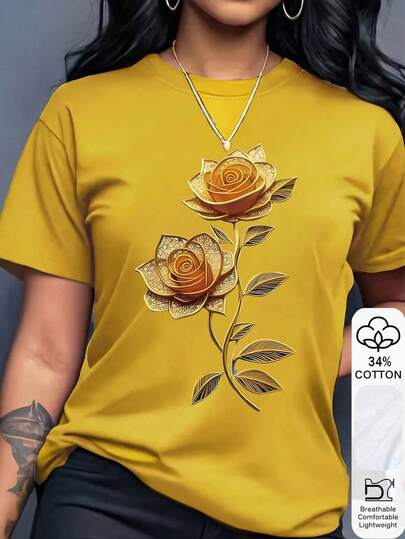 Rovax Camiseta de mujer de manga corta con cuello redondo y estampado floral