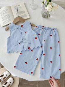 LMoss Kids 2件套女童条纹草莓印花无袖上衣和宽松休闲裤套装，儿童服装 - 藍色 - 查看 2