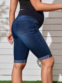 SHEIN Maternity Solid Color Casual Denim Shorts - Dark Wash - View 2