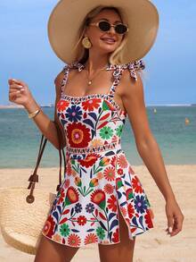 Swim Lushoire 女士优雅印花连体泳衣，适合海滩、泳池、休闲派对、度假、春夏穿着 - 彩色 - 查看 3