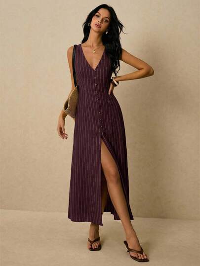 Poéselle Women's Elegant Commuter Striped Front Button Sleeveless Dress, Summer