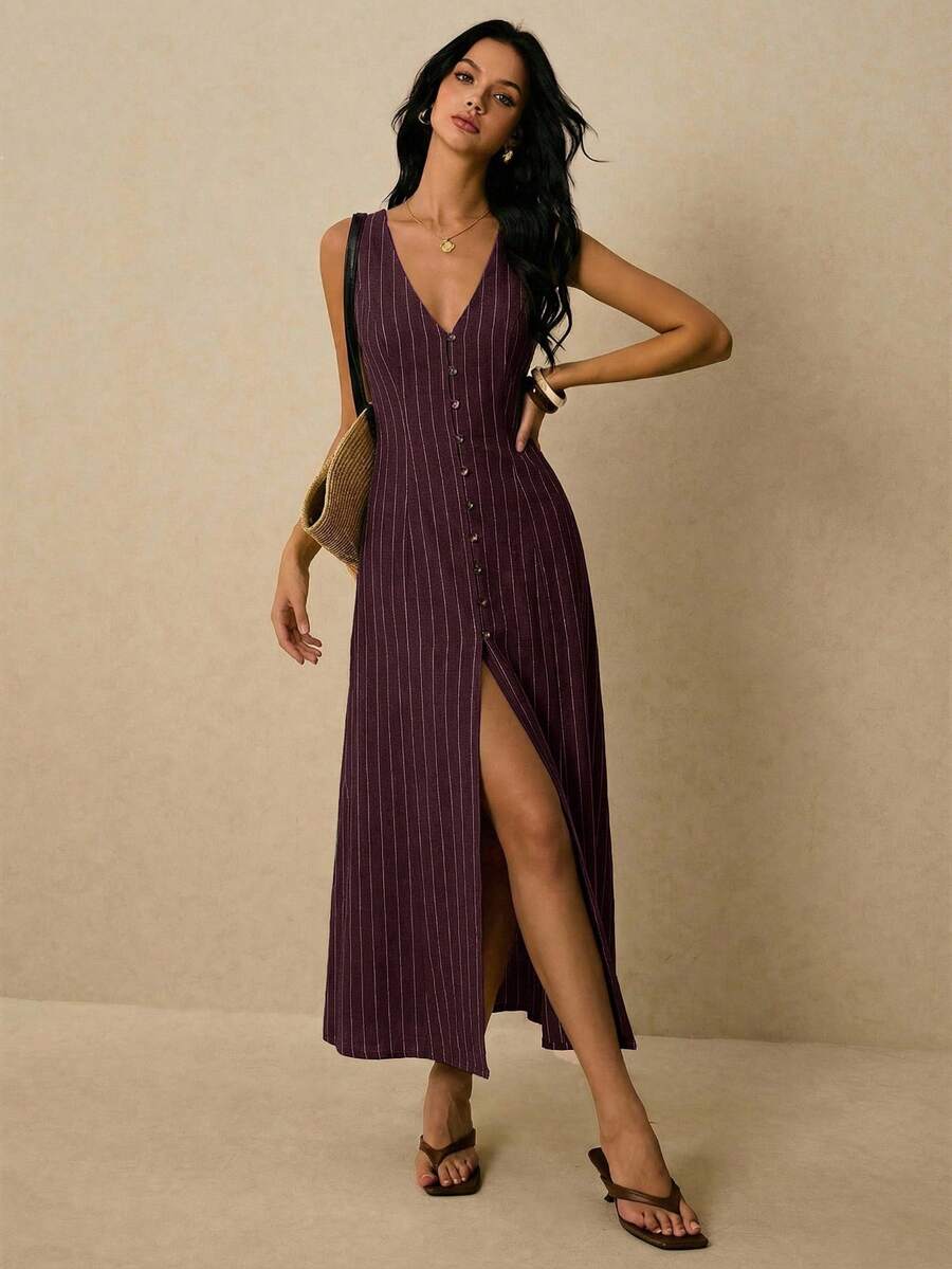 Poéselle 女士优雅通勤条纹前扣无袖连衣裙，夏季 - 咖啡棕 - 查看 1