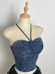 Elamini 时尚休闲系带水洗牛仔短款上衣 - 深色水洗藍 - 查看 1