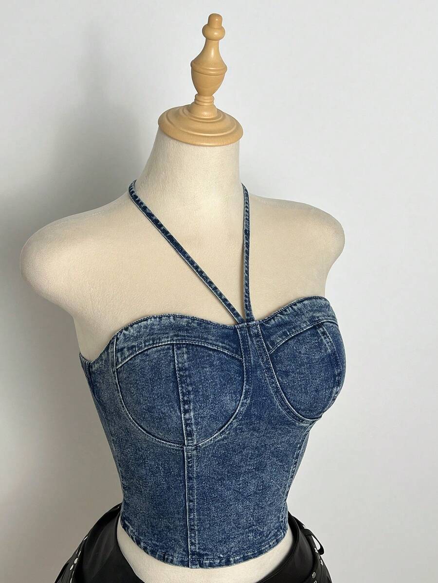 Elamini 时尚休闲系带水洗牛仔短款上衣 - 深色水洗藍 - 查看 1