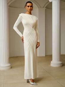 ZEYLAH Asymmetric Ruffle Structure Off Shoulder Long Sleeve Dress, Spring/Summer - White - View 4