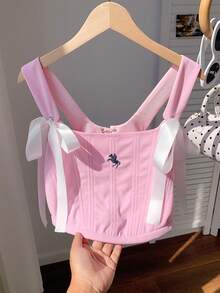 Comfortcana 2026 Frühling/Sommer Neue Mode Damen Western Stil Schnürung Bestickte Crop Top, Rosa Anliegende Bustier, Vintage Stil für Neujahr, Weihnachten, Erntedankfest Party - Pink - Übersicht 6