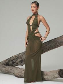 Hauture 露背镂空网纱吊带长裙 - 軍綠色 - 查看 4