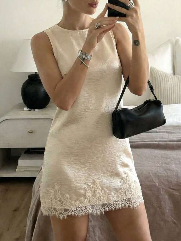 Easowa Sleeveless A-Line Dress, Satin Fabric With Luster, Lace Hem, Casual Relaxed Elegant Office/Vacation Wear Mini Dress For Women, Spring/Summer