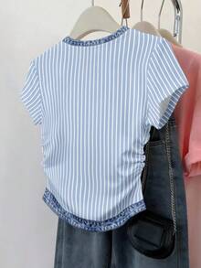SHEIN 女款收腰多色條紋牛仔拼接印花短袖T恤上衣 - 彩色 - 查看 2