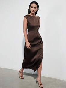 Aveloria Modichic 新款春夏女士缎面礼服，奢华小众优雅宴会修身不对称肩部收腰连衣裙 - 咖啡 - 查看 1