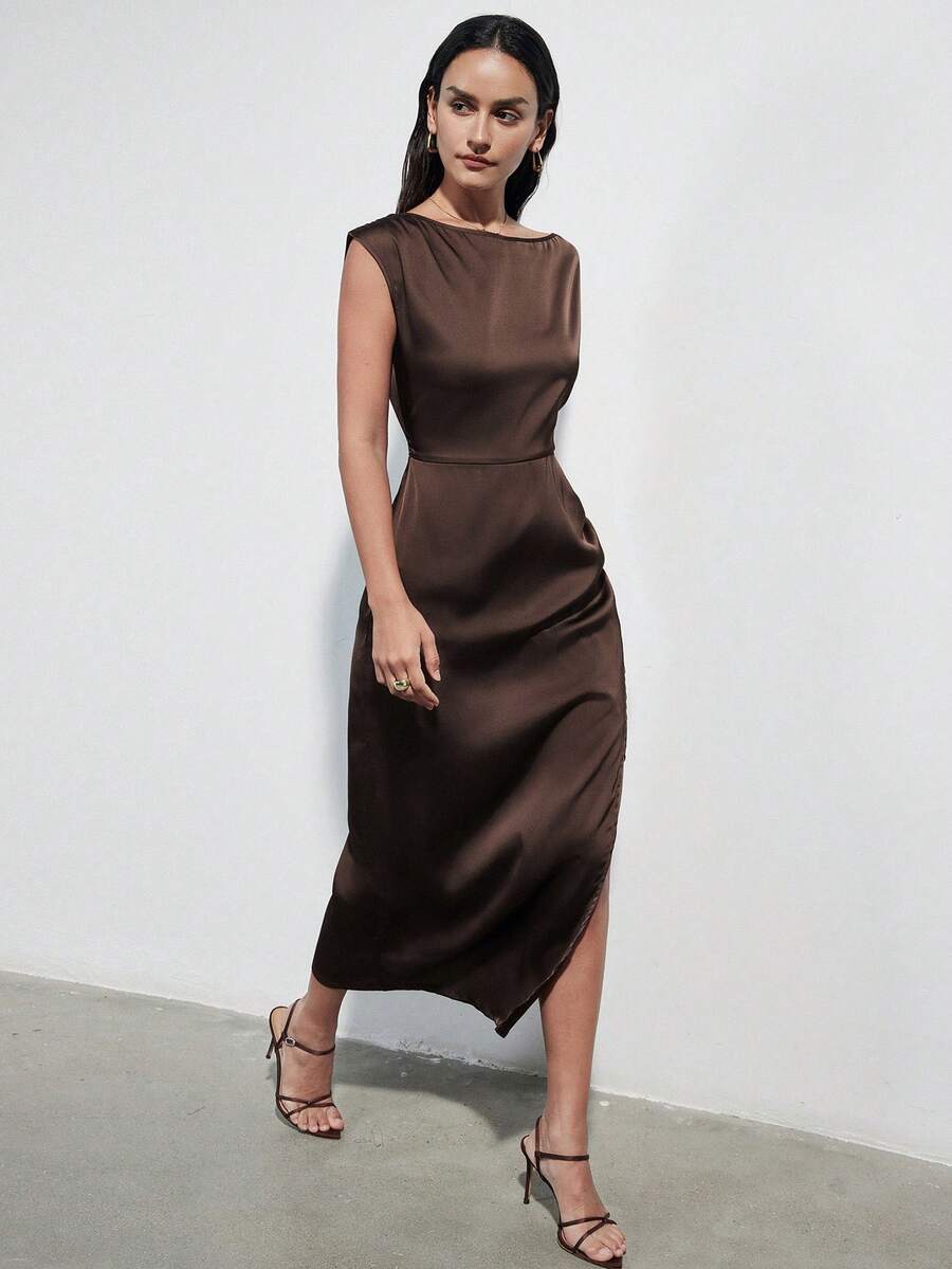 Aveloria Modichic 新款春夏女士缎面礼服，奢华小众优雅宴会修身不对称肩部收腰连衣裙 - 咖啡 - 查看 1
