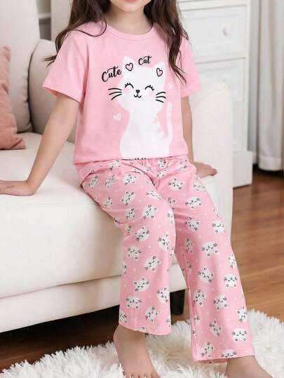 SHEIN Young Girl Cat Print Round Neck Short Sleeve Top And Pants Casual Loungewear Pajama Set