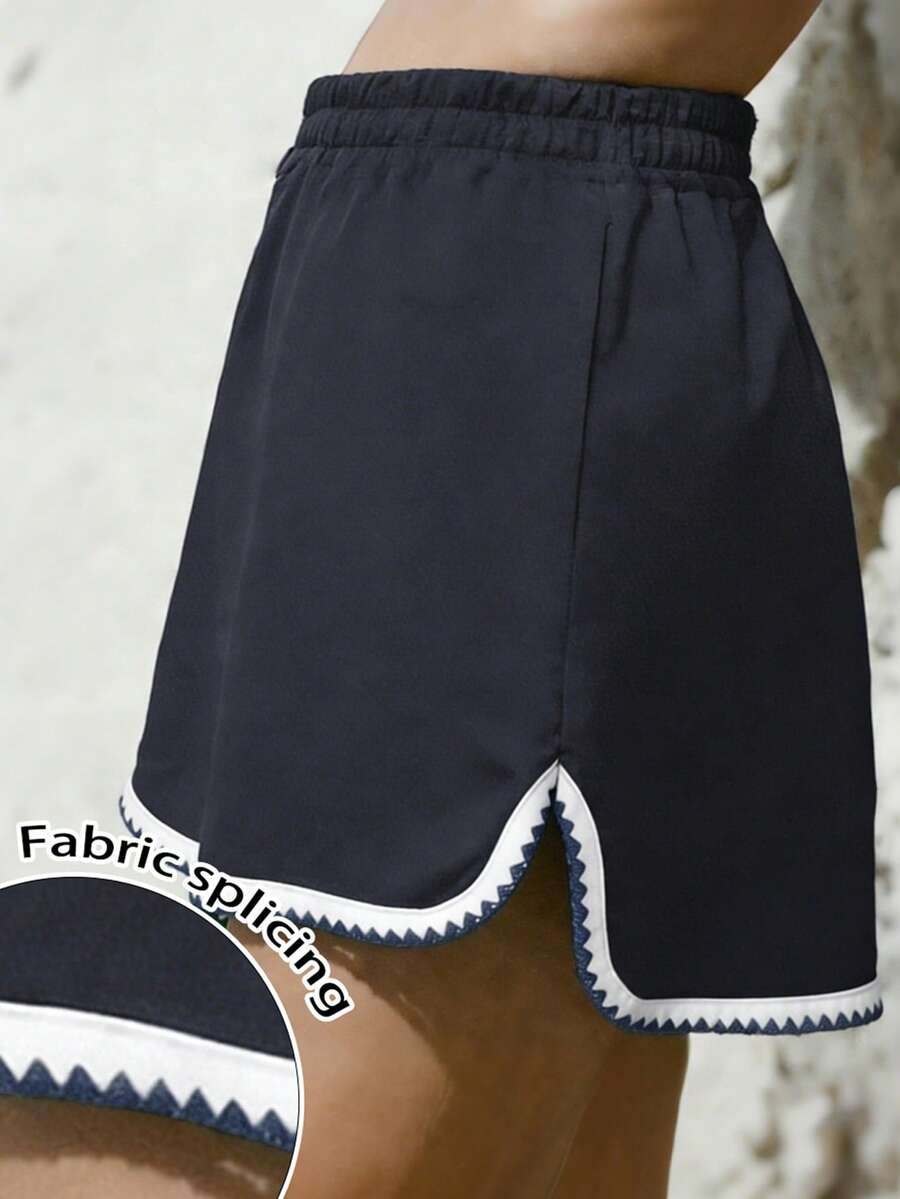 EMERY ROSE Women's Contrast Trim Elastic Waist Split Hem Casual Shorts, Summer - Blue - View 1