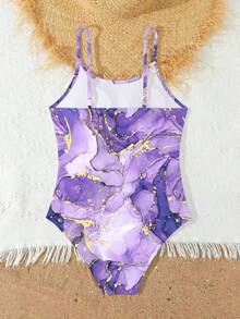 SHEIN Trajes de baño para niñas de secado rápido con espalda cruzada, traje de baño con correa ajustable de 8 a 14 años - Púrpura malva - Ver 2