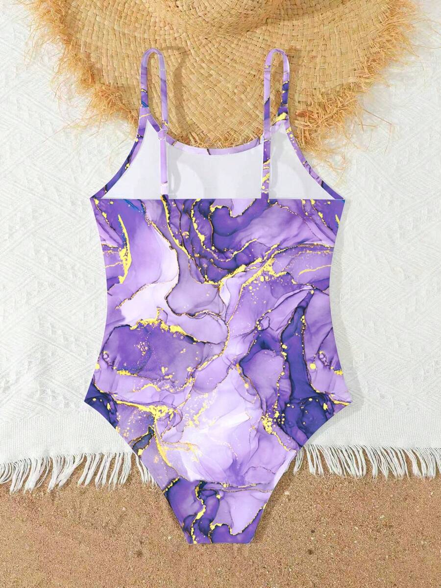 SHEIN Áo tắm bé gái nhanh khô, kiểu lưng chéo, có dây đeo điều chỉnh được, dành cho bé 8-14 tuổi. - Màu tím hoa cà - Xem 1