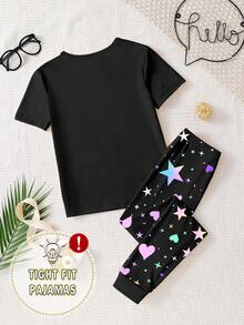 Tween Girls Glow-In-The-Dark Pajama Set, Black Short Sleeve Top With Girl Group Print And Black Leggings With Star & Heart Print, Tight Fit Style Runs Small, Recommend Sizing Up - White - View 2