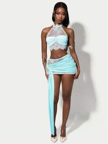 Amplova Women's Lace Halter Backless 2-Piece Set,Baby Blue Elegant Mini Skirt And Top,Cup Details Summer Bikini Set With Cover Up,Perfect For Party - Baby Blue - View 10
