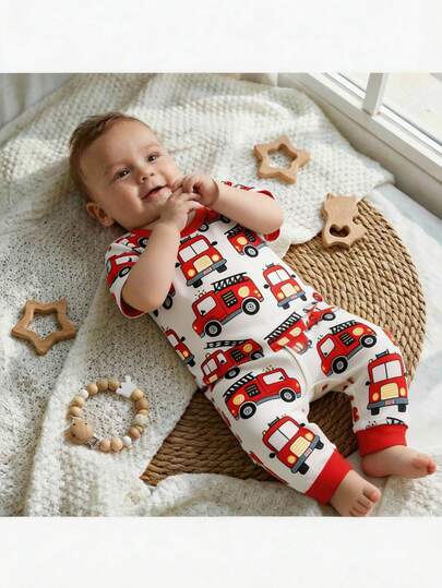Loomiva 新生儿男女宝宝卡通汽车图案针织柔软圆领短袖套头衫和松紧腰裤两件套