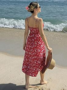 MainGRL Women's Casual Ditsy Floral Spaghetti Strap Mid-Length Dress - Red - View 2