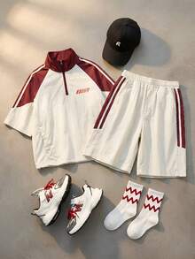 SHEIN Conjunto de Camisa de Manga Raglan com Estampa de Letra e Shorts Folgados para Meninos Pré-Adolescentes - Damasco - Visão 8