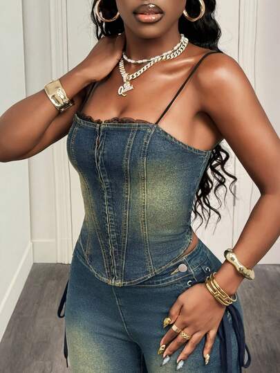 Slaydiva New Plus-Size Women's Denim Top, Sexy, Fitted, Waist-Cinching, Fashionable Lace-Trimmed Denim Suspender Top, Summer Dark Blue Denim Top, Y2K Summer Outfits  Tops For Going Out  Vacation Outfits Women
