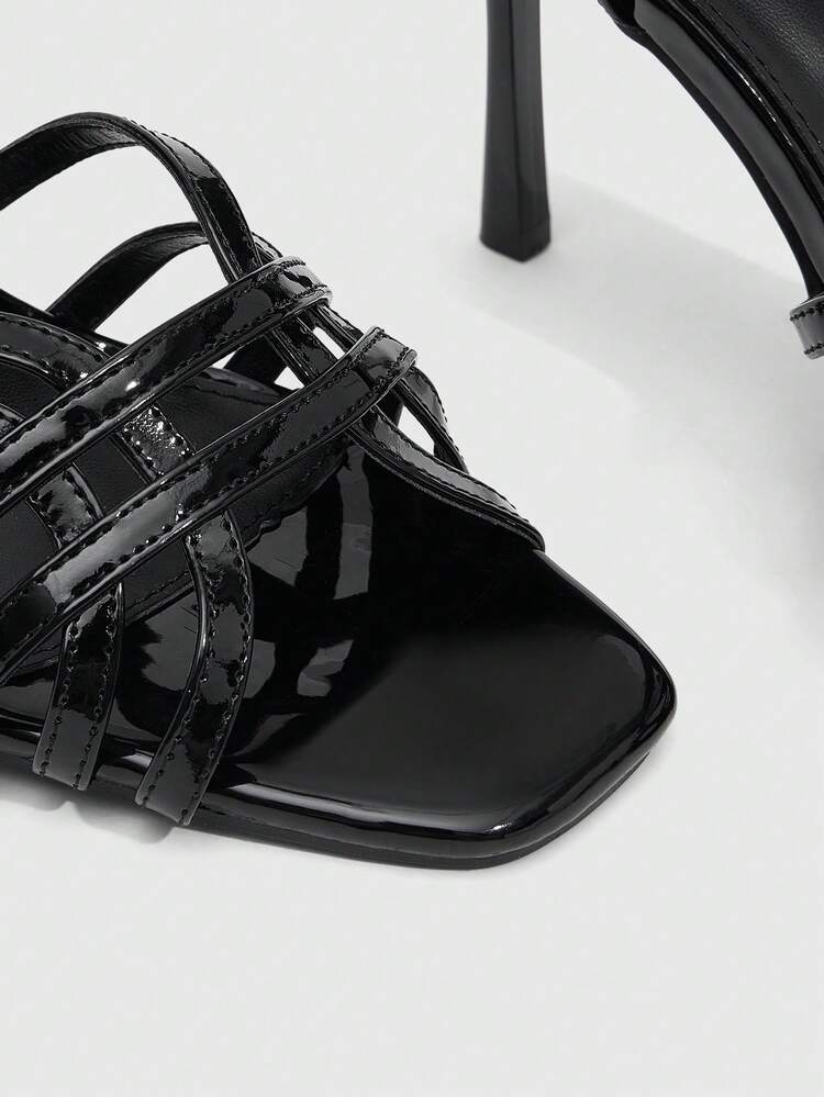 CUCCOO SZL Women's Black Patent Leather Peep Toe Strappy High Heel Sandals, Stylish And Glossy, Suitable For Party, Date Night, Summer Outfit Prom Heels