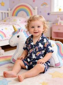女婴甜美可爱优雅休闲舒适柔软阻燃针织独角兽彩虹卡通印花开衫短袖上衣和短裤睡衣套装，两件套家居服 - 彩色 - 查看 4