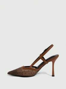 CUCCOO SZL Women's Pointed Toe High Heel Black Mesh Rhinestone Embellished Fashionable Sexy Glamorous Party Occasion Stilettos With Ankle Strap - deep camel - View 4