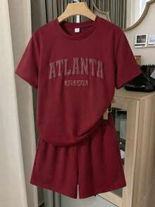 Sparklyn 少女春夏休闲日常家居服常规百搭运动字母圆领短袖上衣和短裤宽松针织上衣酒红色T恤套装 - 酒紅色 - 查看 4