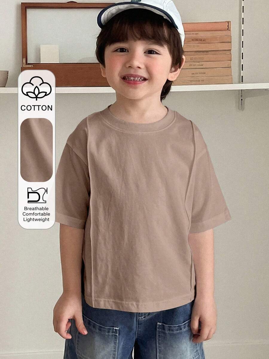 Hapijoa Kleine Jungen Lässig Alltags Pendler einfache unifarbene Loose Fit T-Shirts, Drop-Shoulder, Sommer Frühling - Kaffeebraun - Übersicht 1