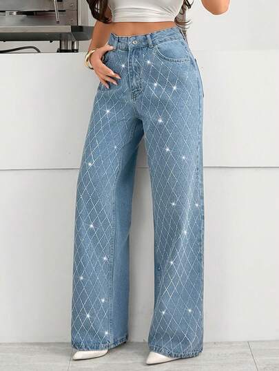 SHEIN Blugi denim cu talie înaltă, brodați la modă cu strasuri pentru femei